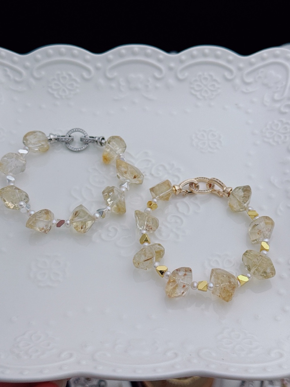 GB100 Handmade Citrine Freshwater Pearl Bracelet 7” 3-4mm